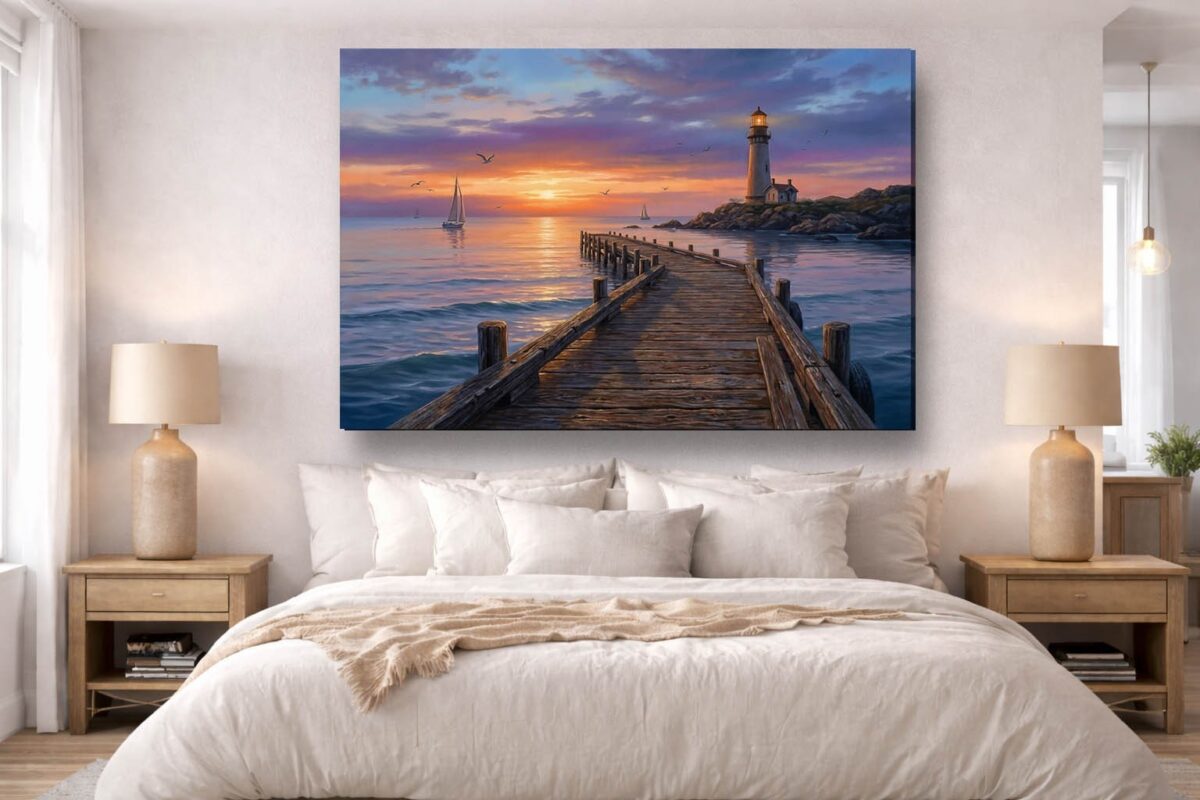 XXL Leinwandbild Leuchtturm und Steg - Wandbild Maritim