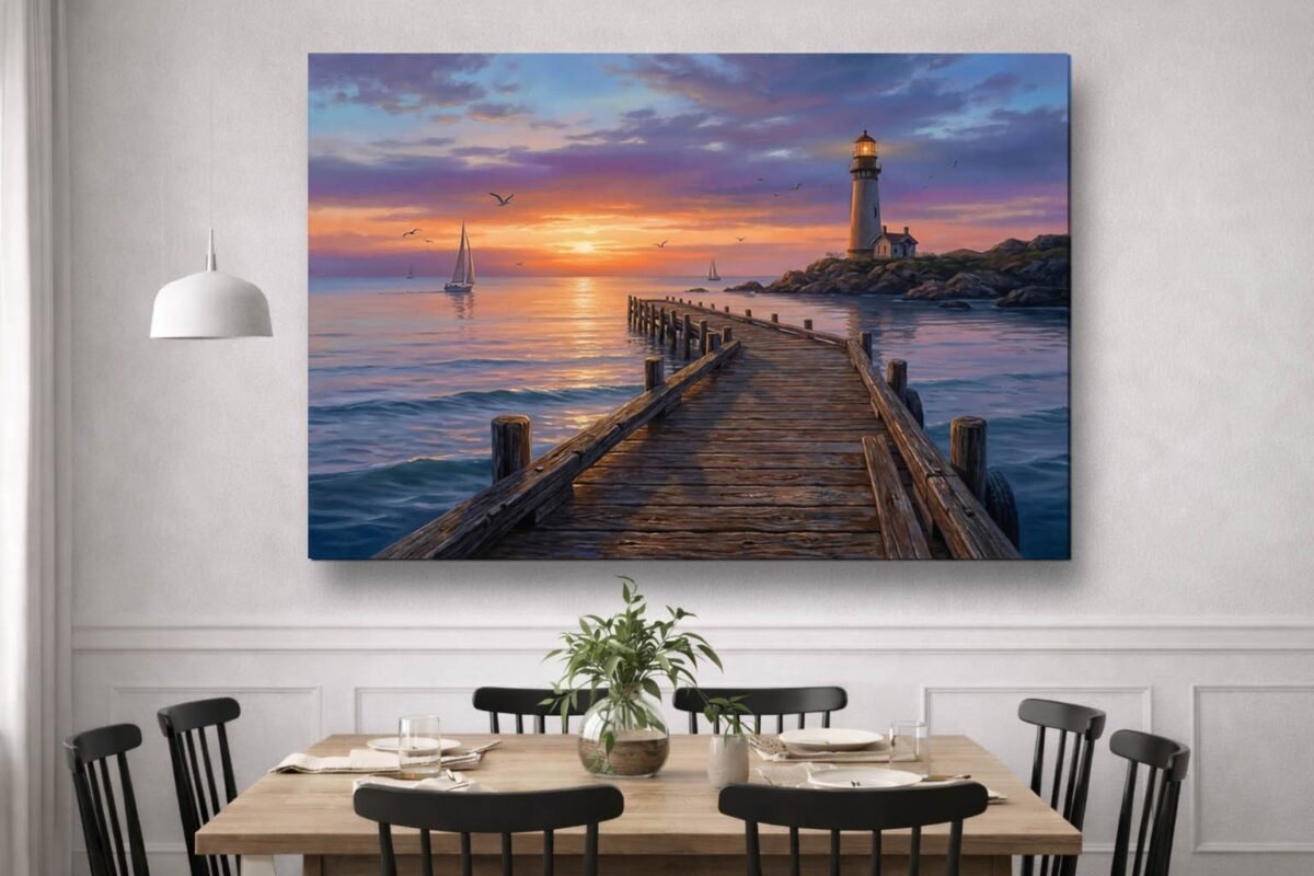 XXL Leinwandbild Leuchtturm und Steg - Wandbild Maritim