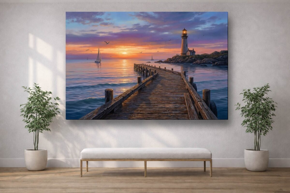 XXL Leinwandbild Leuchtturm und Steg - Wandbild Maritim