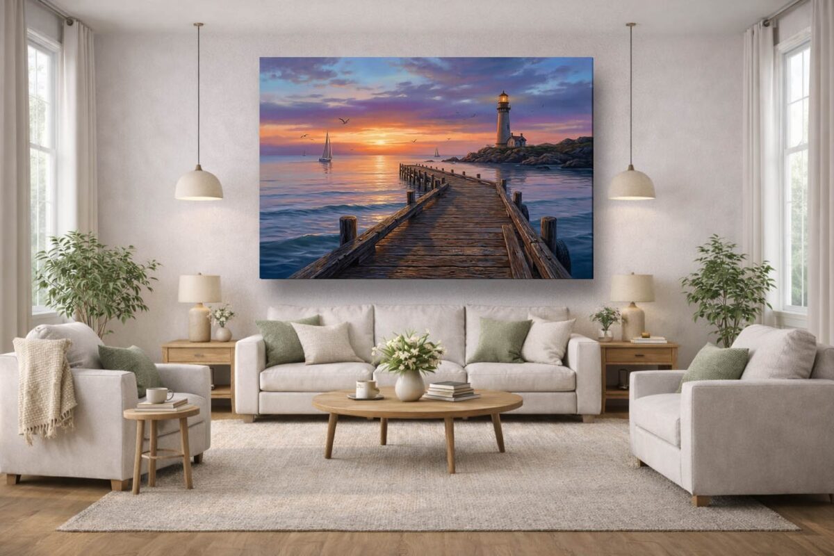 XXL Leinwandbild Leuchtturm und Steg - Wandbild Maritim