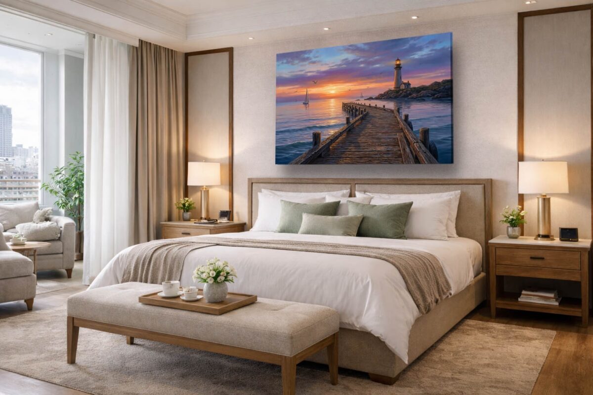 XXL Leinwandbild Leuchtturm und Steg - Wandbild Maritim