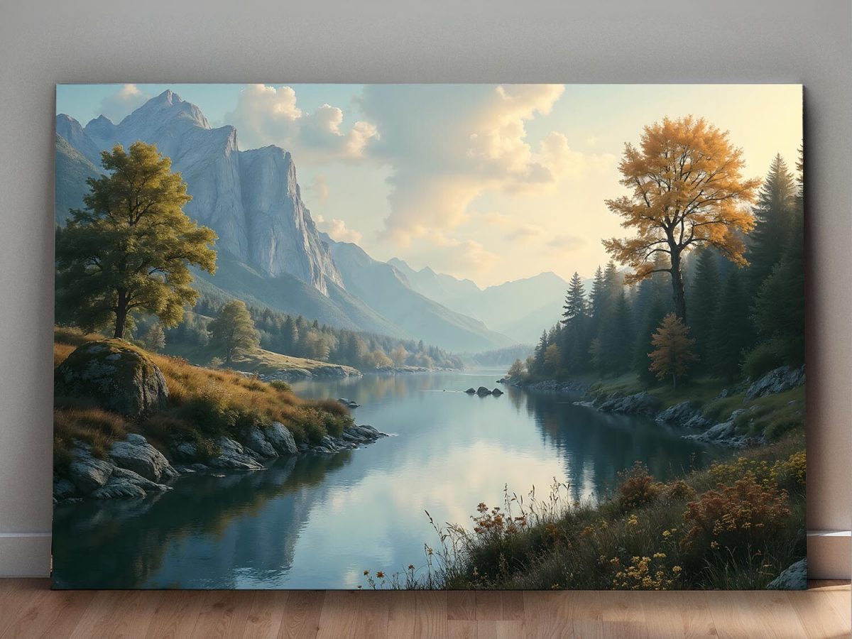 Malerische Flusslandschaft bei Sonnenuntergang, Digital Art, KI Art