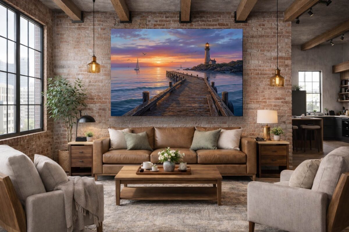 XXL Leinwandbild Leuchtturm und Steg - Wandbild Maritim