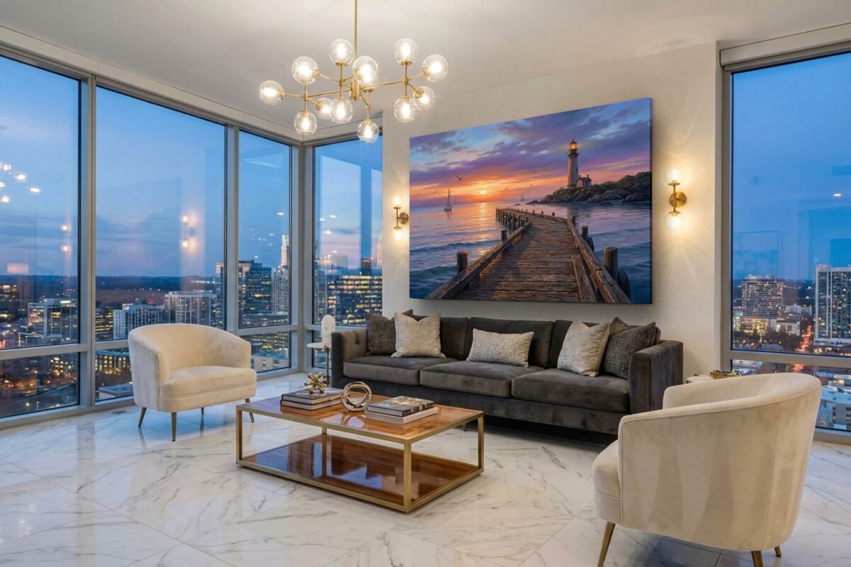 XXL Leinwandbild Leuchtturm und Steg - Wandbild Maritim