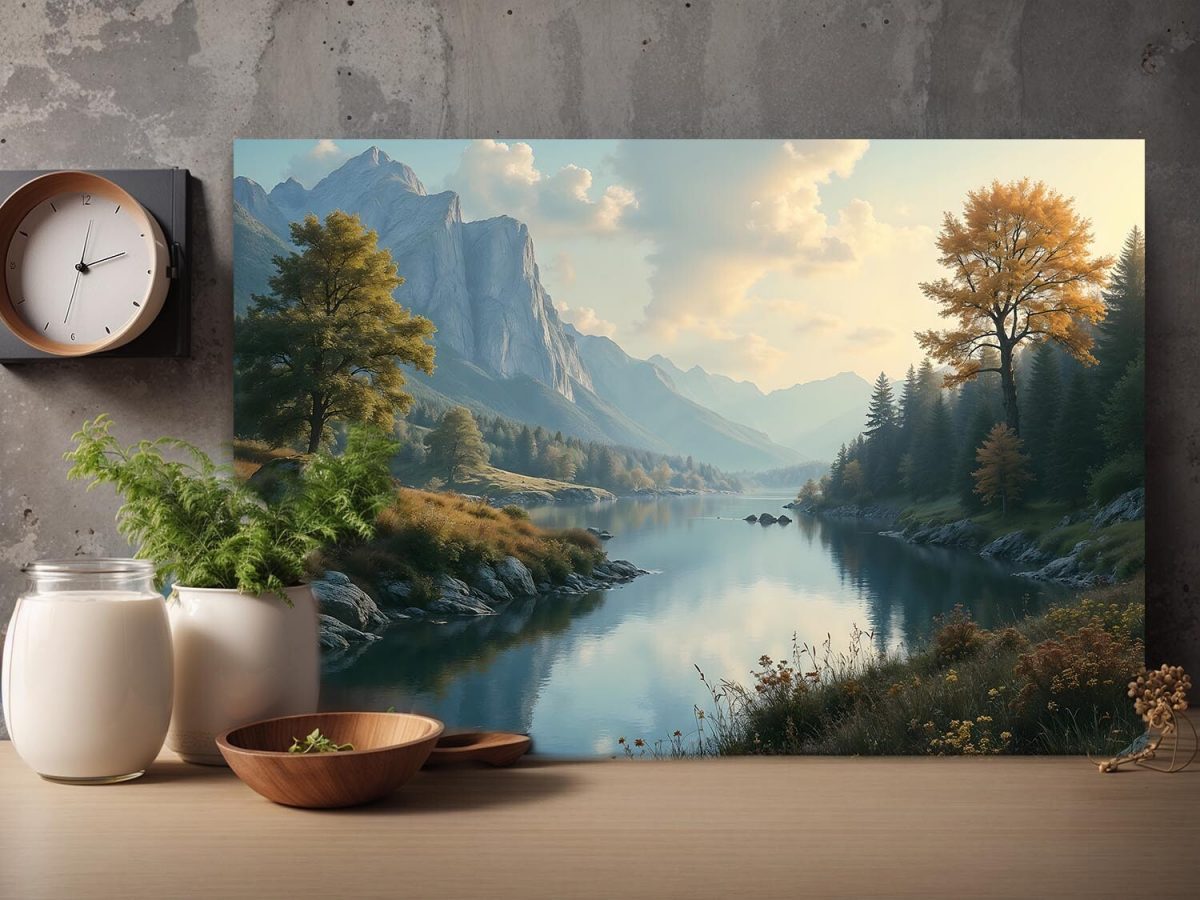 Malerische Flusslandschaft bei Sonnenuntergang, Digital Art, KI Art
