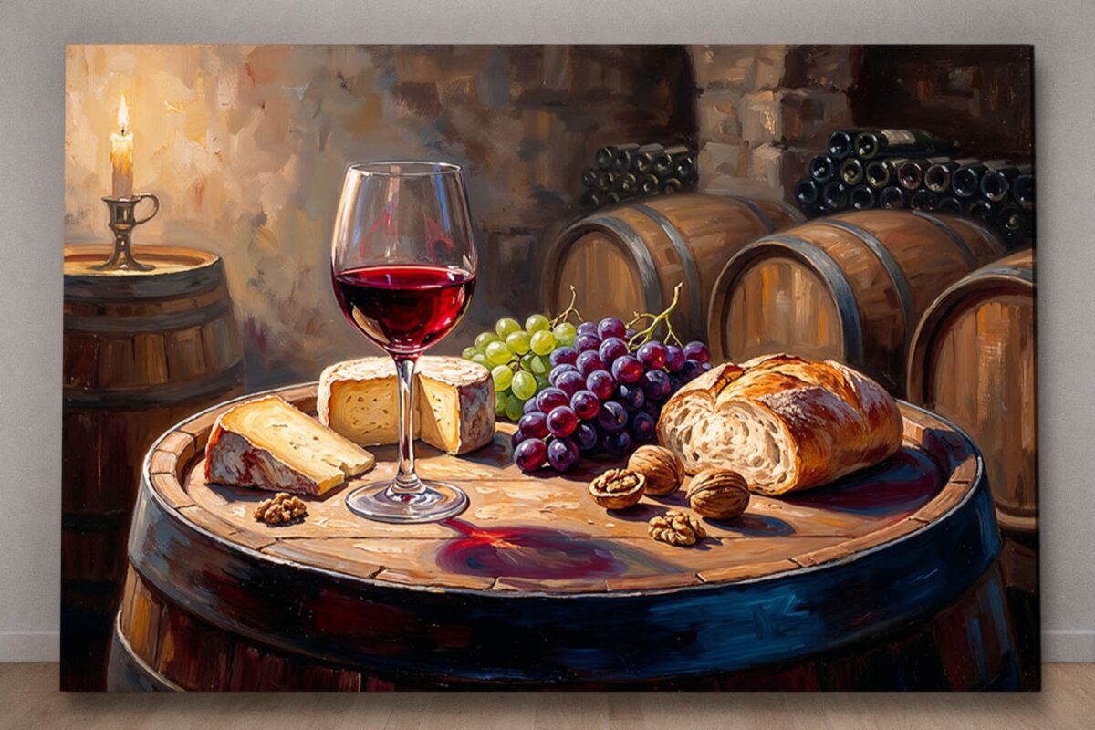 57-1122.jpg XXL Leinwandbild Stillleben im Weinkeller mit Rotwein, Käse und Früchten