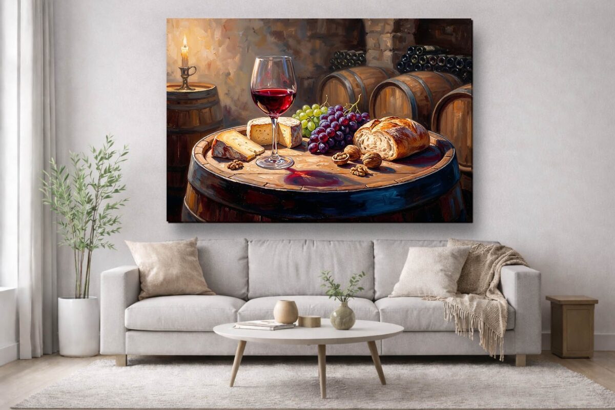 57-1123.jpg XXL Leinwandbild Stillleben im Weinkeller mit Rotwein, Käse und Früchten