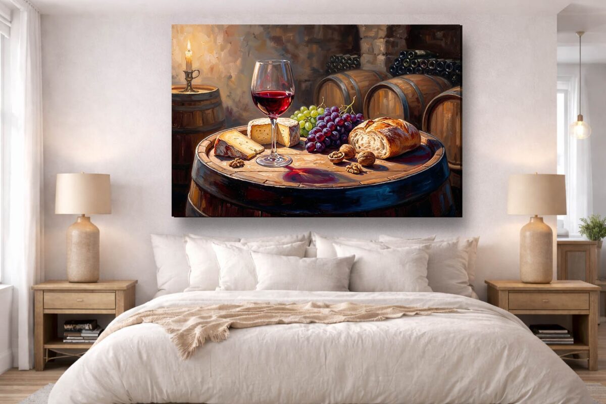 57-1124.jpg XXL Leinwandbild Stillleben im Weinkeller mit Rotwein, Käse und Früchten