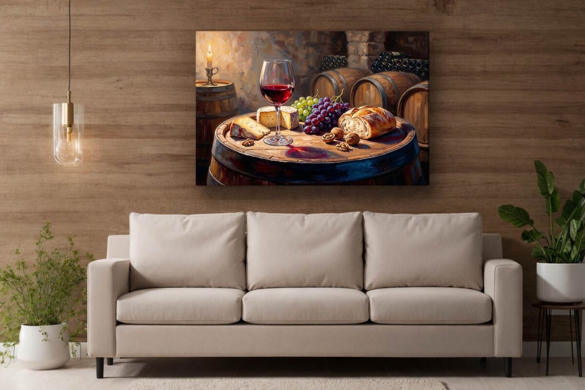 57-1125.jpg XXL Leinwandbild Stillleben im Weinkeller mit Rotwein, Käse und Früchten