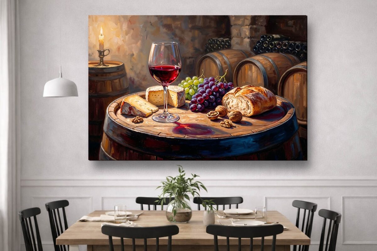 57-1126.jpg XXL Leinwandbild Stillleben im Weinkeller mit Rotwein, Käse und Früchten