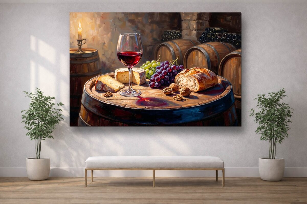 57-1127.jpg XXL Leinwandbild Stillleben im Weinkeller mit Rotwein, Käse und Früchten