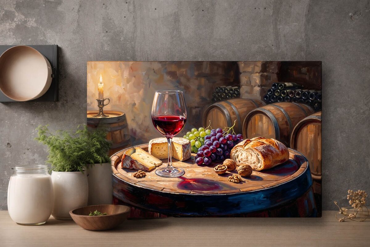 57-1128.jpg XXL Leinwandbild Stillleben im Weinkeller mit Rotwein, Käse und Früchten