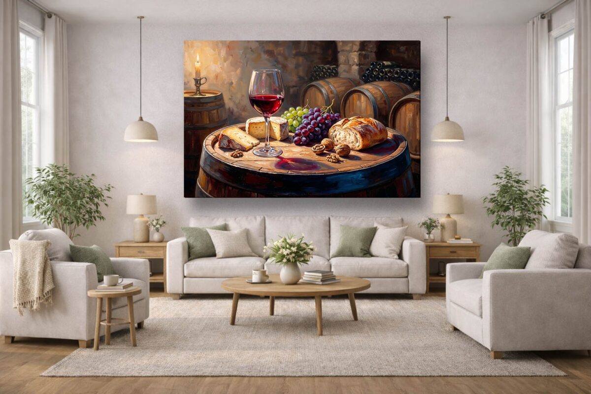 57-1129.jpg XXL Leinwandbild Stillleben im Weinkeller mit Rotwein, Käse und Früchten