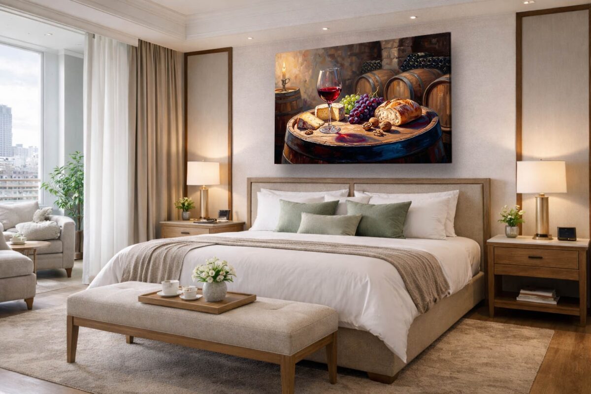 57-1130.jpg XXL Leinwandbild Stillleben im Weinkeller mit Rotwein, Käse und Früchten