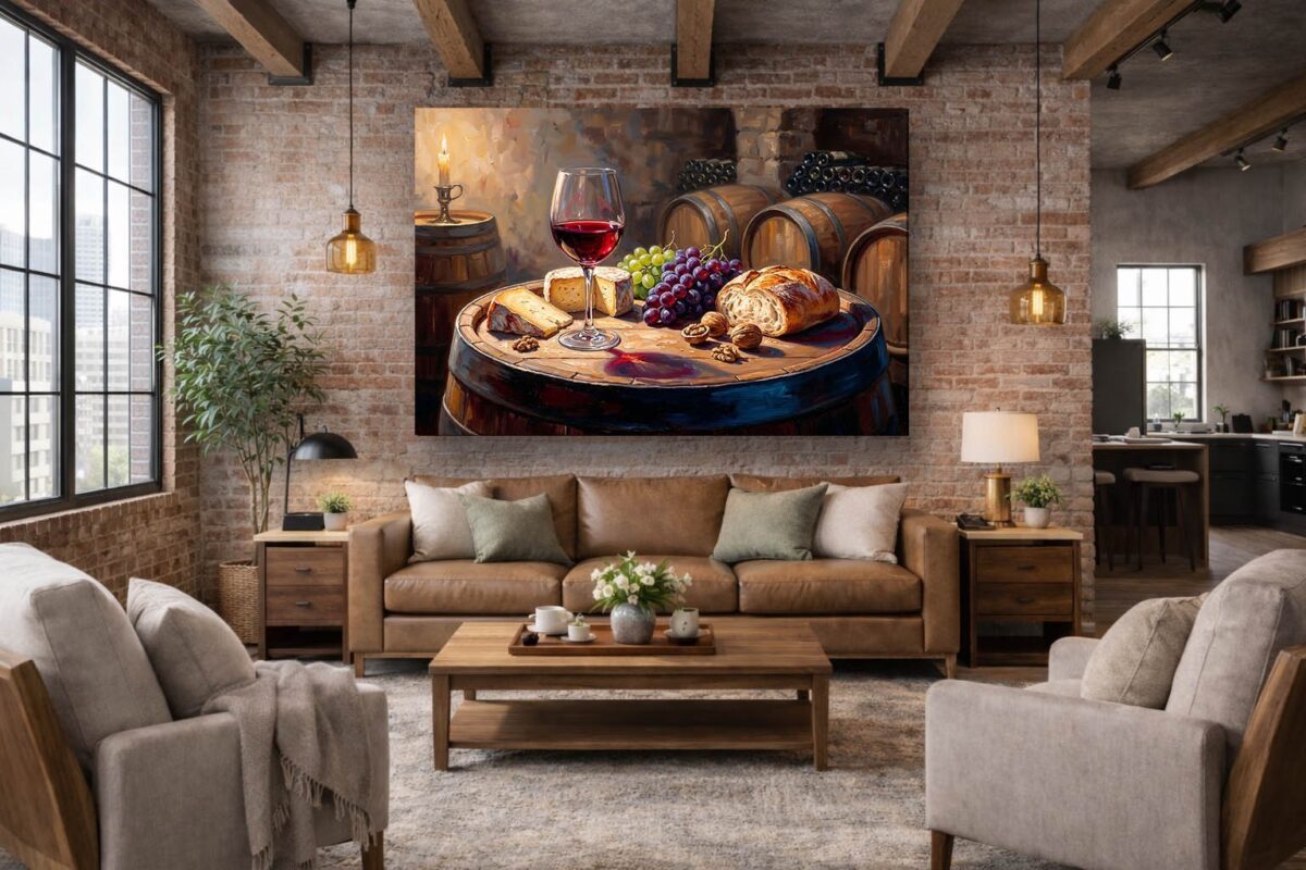 57-1131.jpg XXL Leinwandbild Stillleben im Weinkeller mit Rotwein, Käse und Früchten