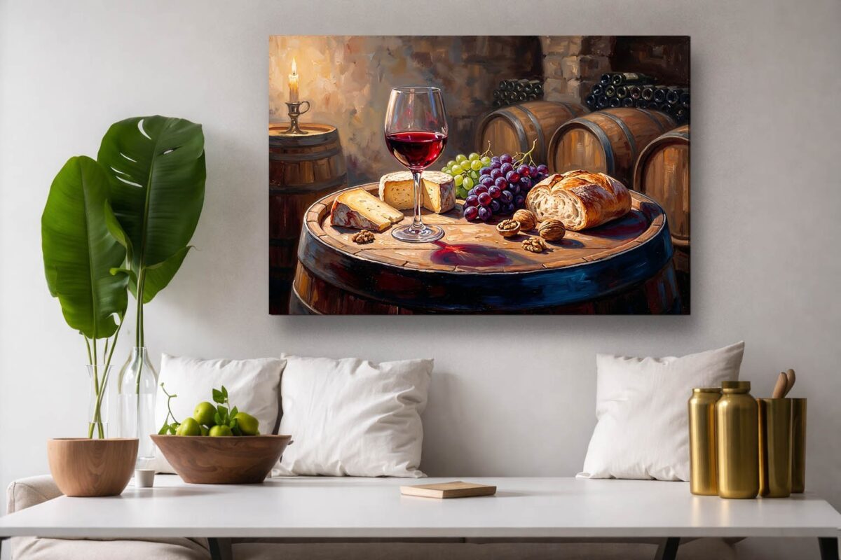 57-1132.jpg XXL Leinwandbild Stillleben im Weinkeller mit Rotwein, Käse und Früchten