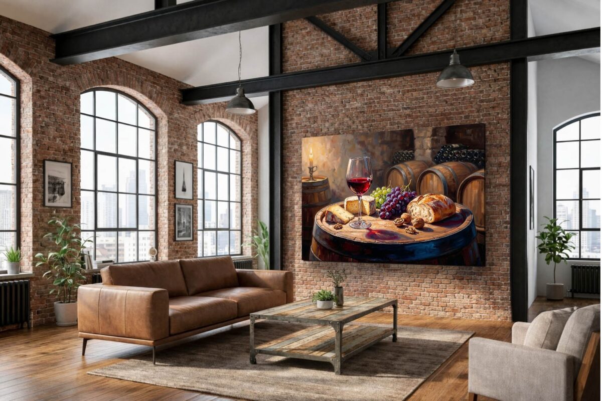 57-1133.jpg XXL Leinwandbild Stillleben im Weinkeller mit Rotwein, Käse und Früchten