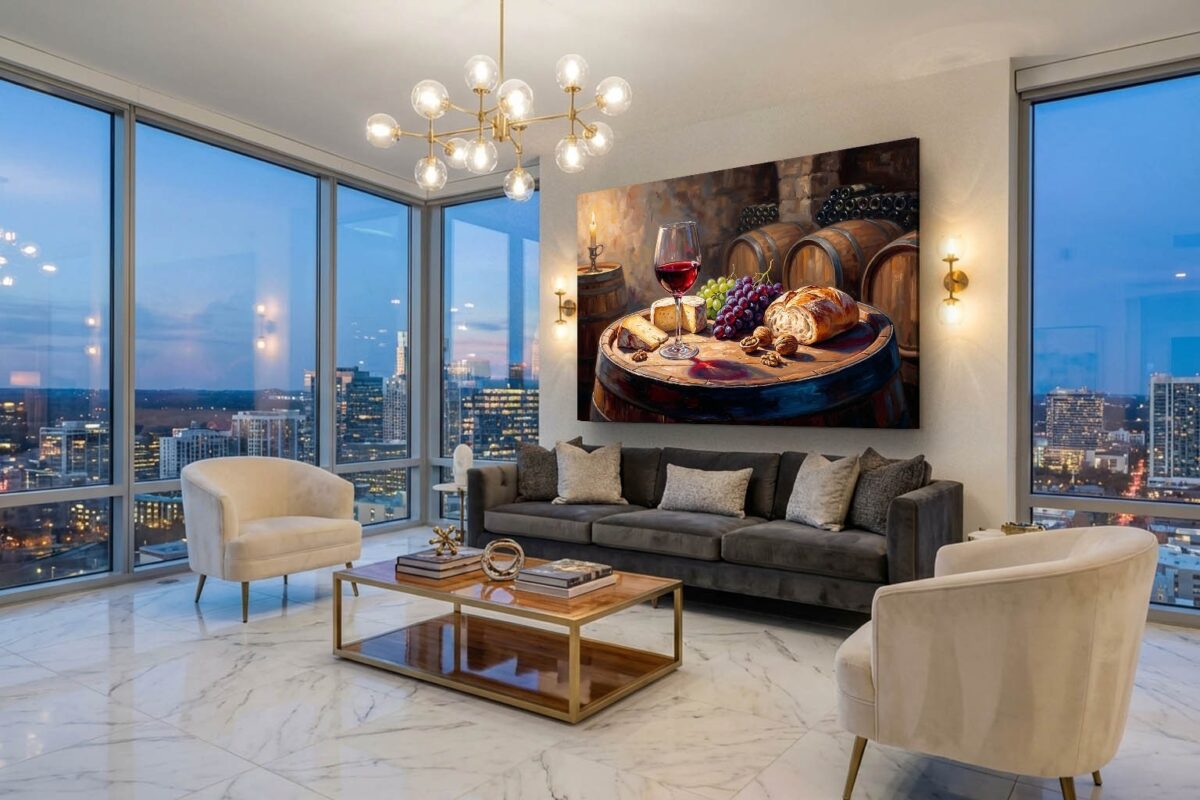 57-1134.jpg XXL Leinwandbild Stillleben im Weinkeller mit Rotwein, Käse und Früchten