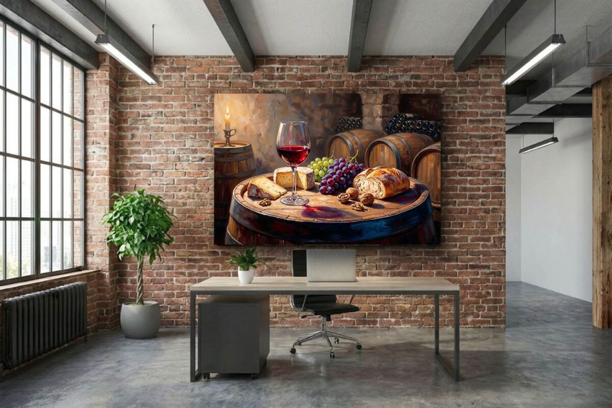 57-1135.jpg XXL Leinwandbild Stillleben im Weinkeller mit Rotwein, Käse und Früchten