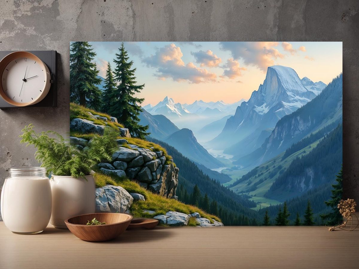 Majestätische Gebirgslandschaft bei Sonnenaufgang, Digital Art, KI Art