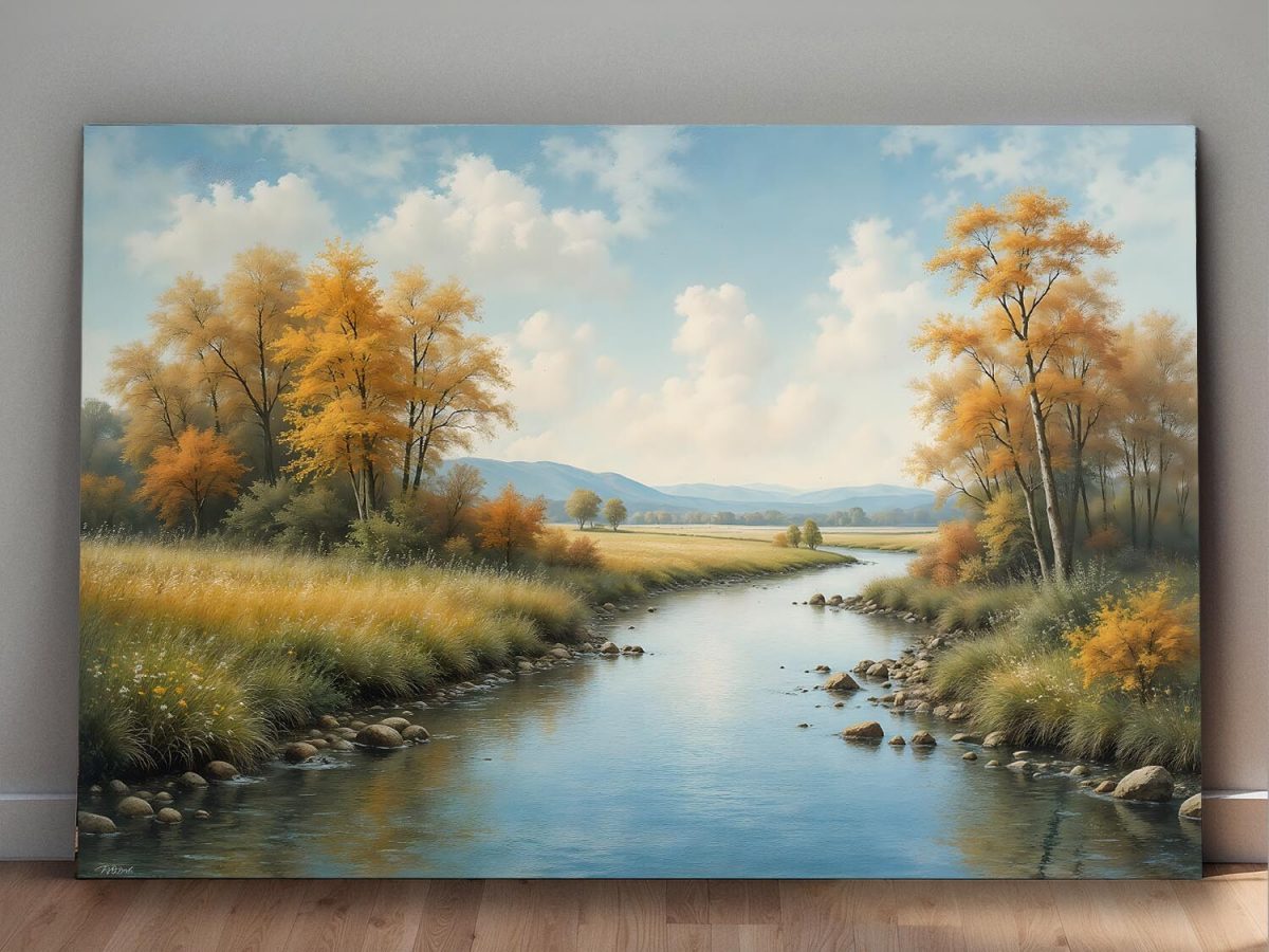 Herbstliche Flusslandschaft mit buntem Laub, Digital Art, KI Art