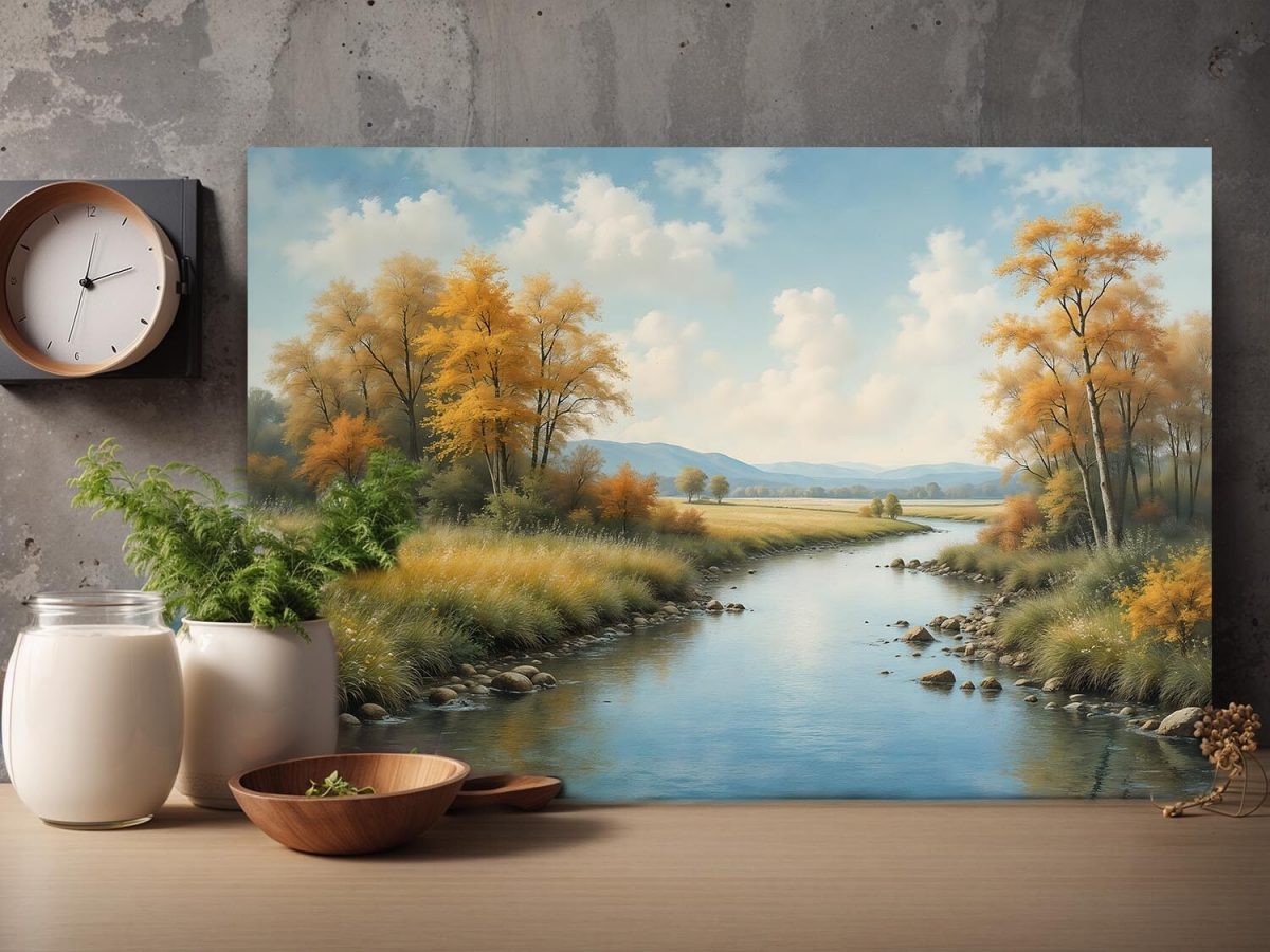 Herbstliche Flusslandschaft mit buntem Laub, Digital Art, KI Art