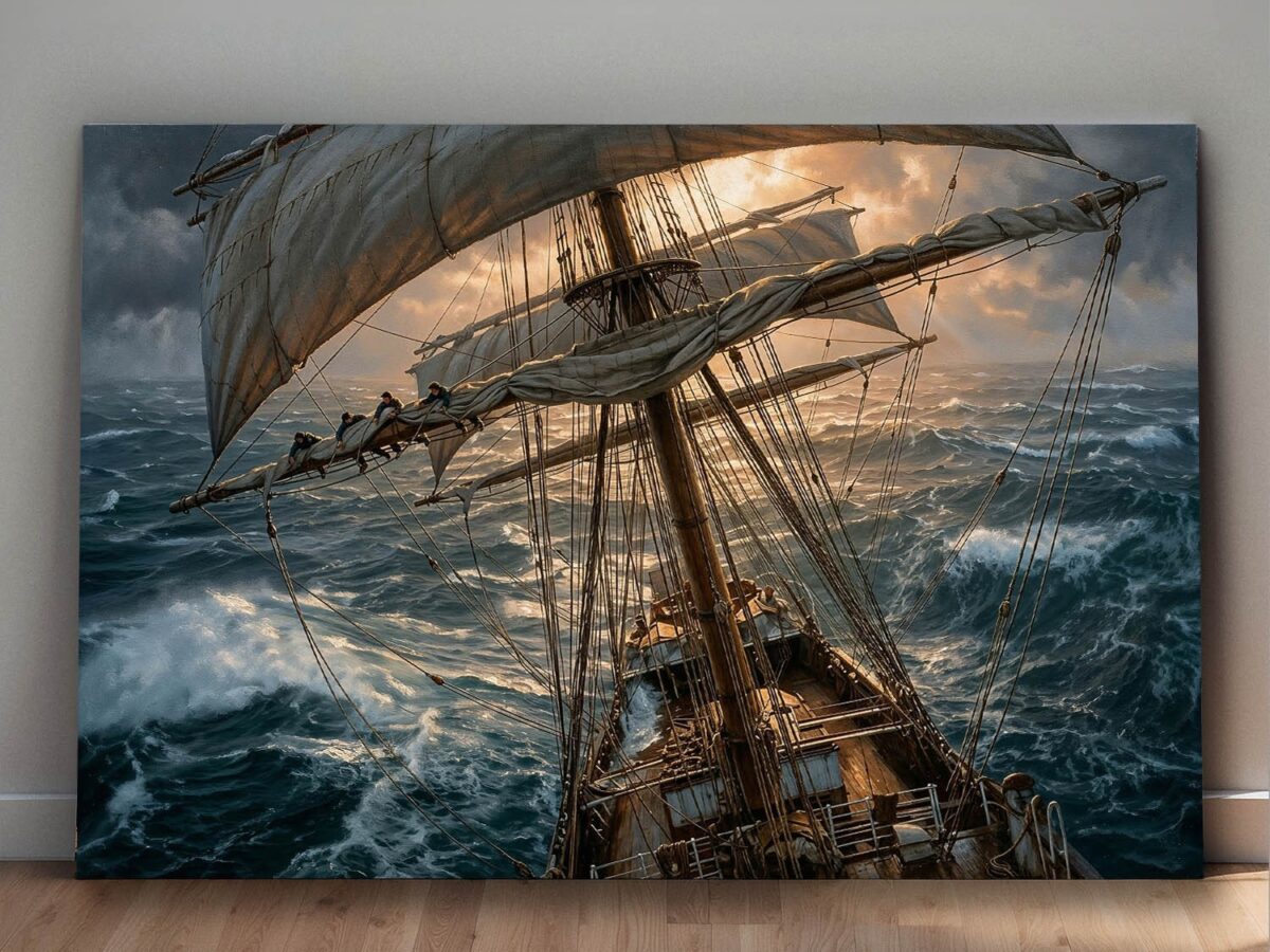 57-1176.jpg Segelschiff im Sturm bei Sonnenuntergang - Bild auf Leinwand