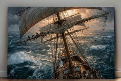 57-1176.jpg Segelschiff im Sturm bei Sonnenuntergang - Bild auf Leinwand