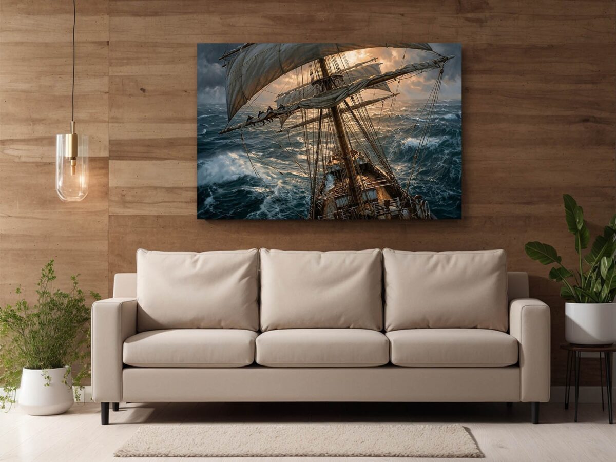 57-1179.jpg Segelschiff im Sturm bei Sonnenuntergang - Bild auf Leinwand