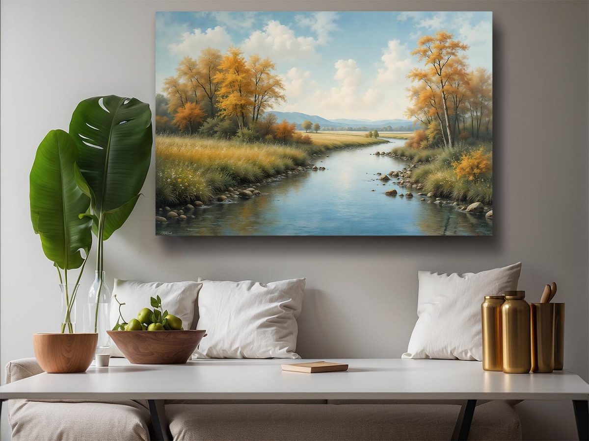 Herbstliche Flusslandschaft mit buntem Laub, Digital Art, KI Art