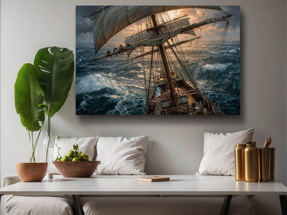 57-1181.jpg Segelschiff im Sturm bei Sonnenuntergang - Bild auf Leinwand