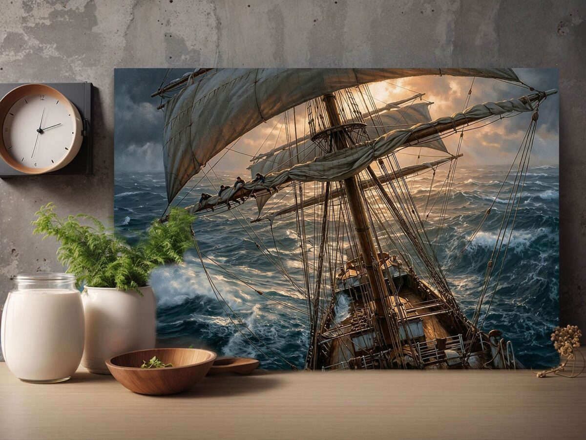 57-1184.jpg Segelschiff im Sturm bei Sonnenuntergang - Bild auf Leinwand