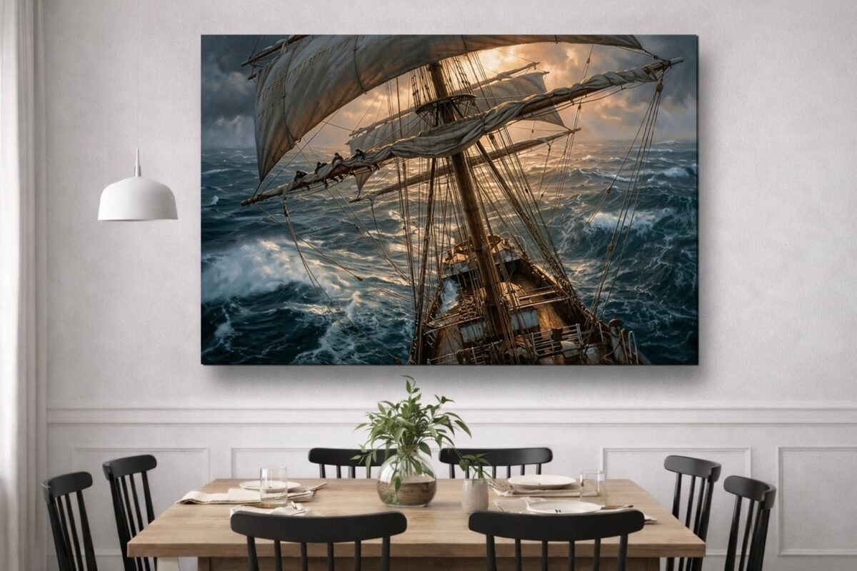 57-1187.jpg Segelschiff im Sturm bei Sonnenuntergang - Bild auf Leinwand