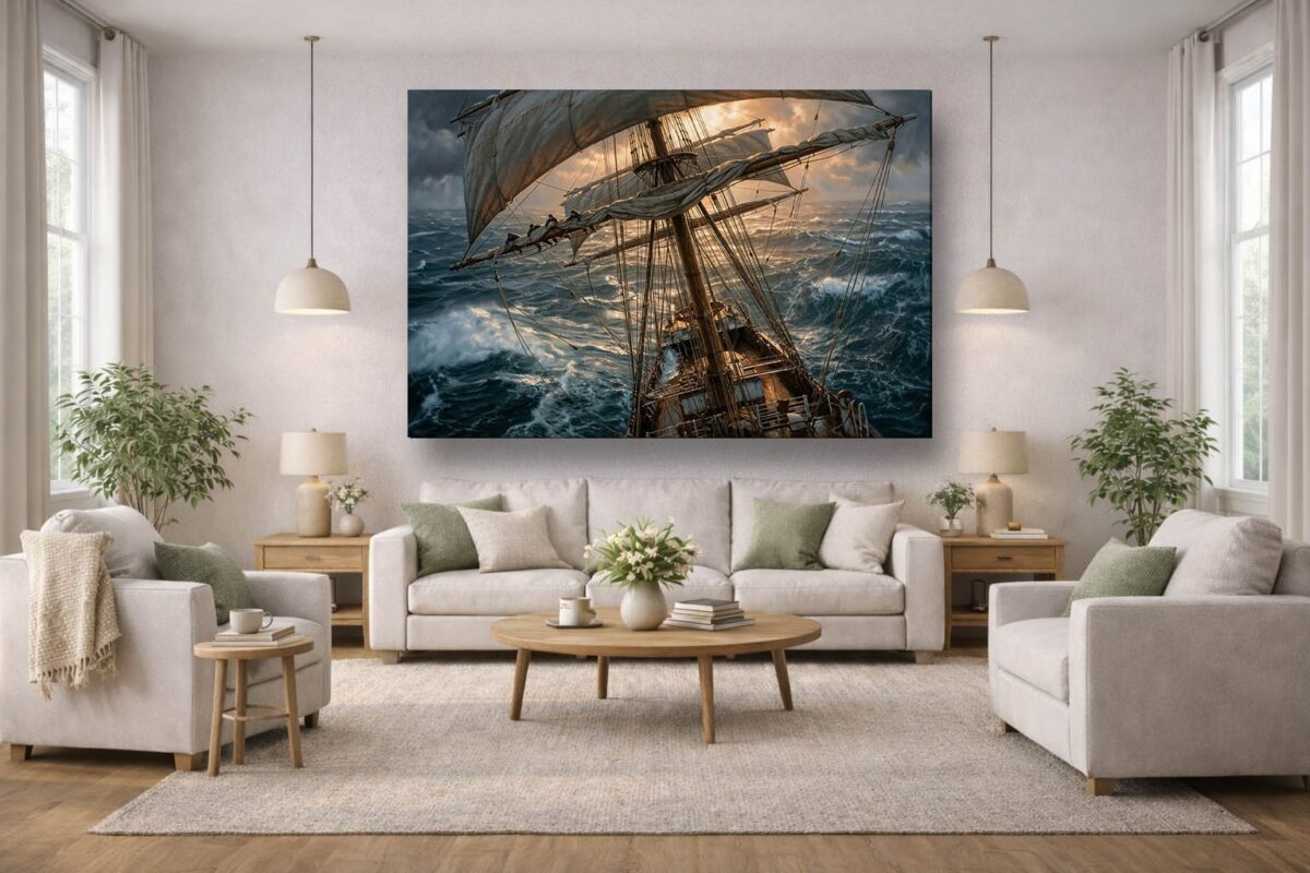 57-1190.jpg Segelschiff im Sturm bei Sonnenuntergang - Bild auf Leinwand