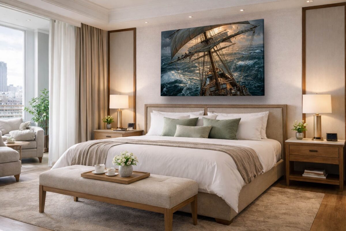 57-1193.jpg Segelschiff im Sturm bei Sonnenuntergang - Bild auf Leinwand