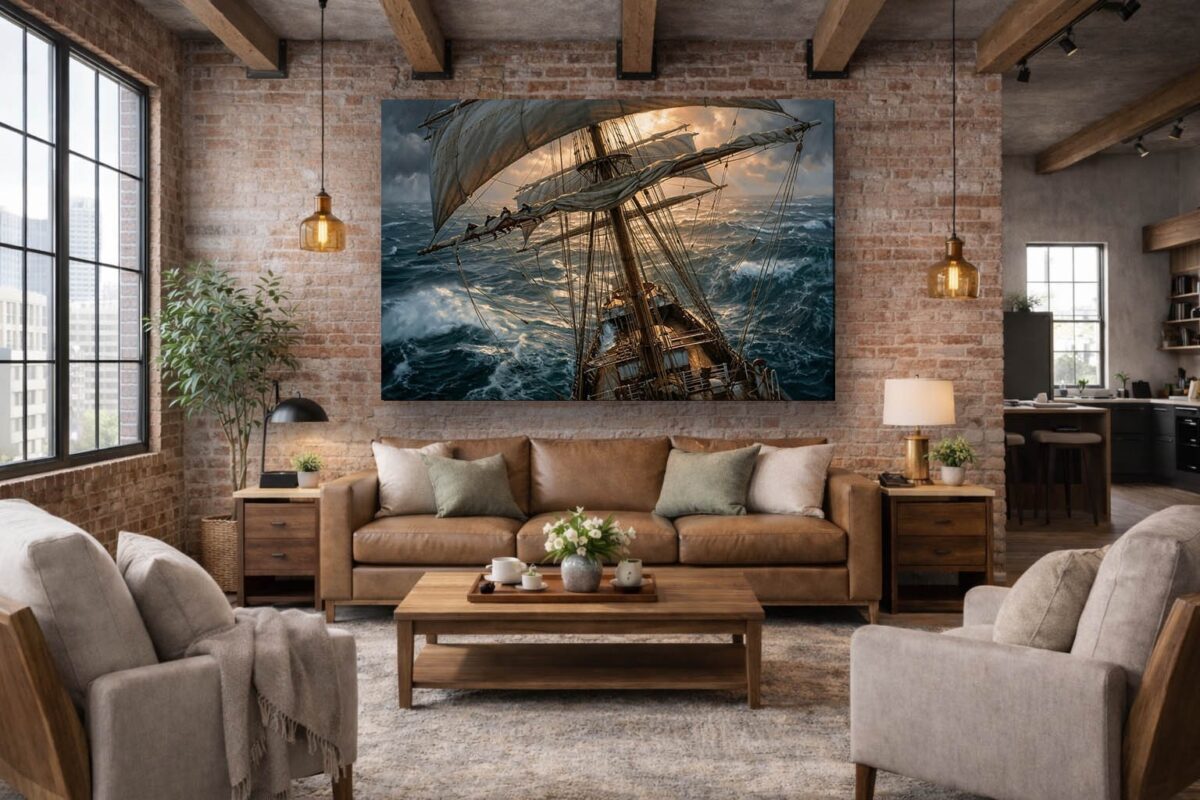 57-1195.jpg Segelschiff im Sturm bei Sonnenuntergang - Bild auf Leinwand