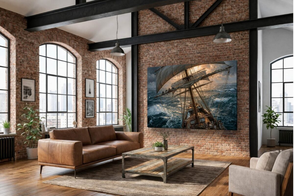 57-1197.jpg Segelschiff im Sturm bei Sonnenuntergang - Bild auf Leinwand