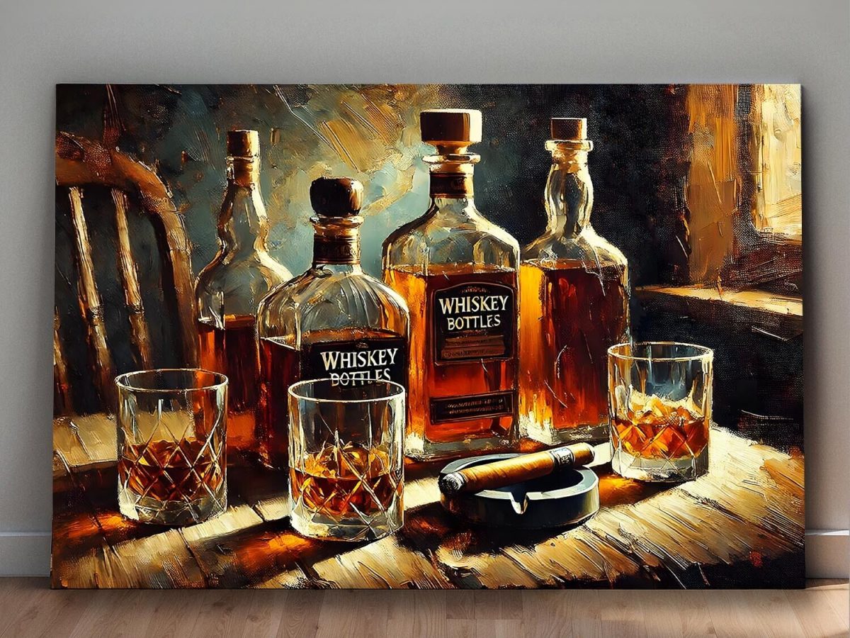 Whiskyflaschen und Gläser mit Zigarrre , Digital Art, KI