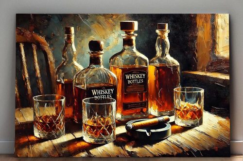 Whiskyflaschen und Gläser mit Zigarrre , Digital Art, KI