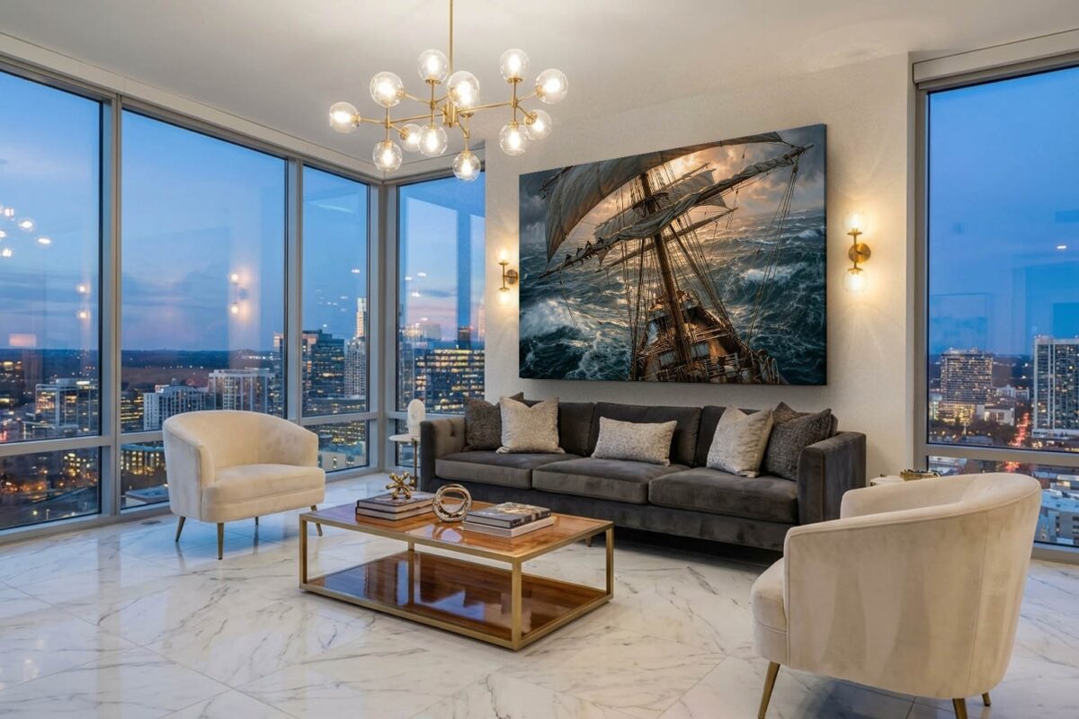 57-1200.jpg Segelschiff im Sturm bei Sonnenuntergang - Bild auf Leinwand