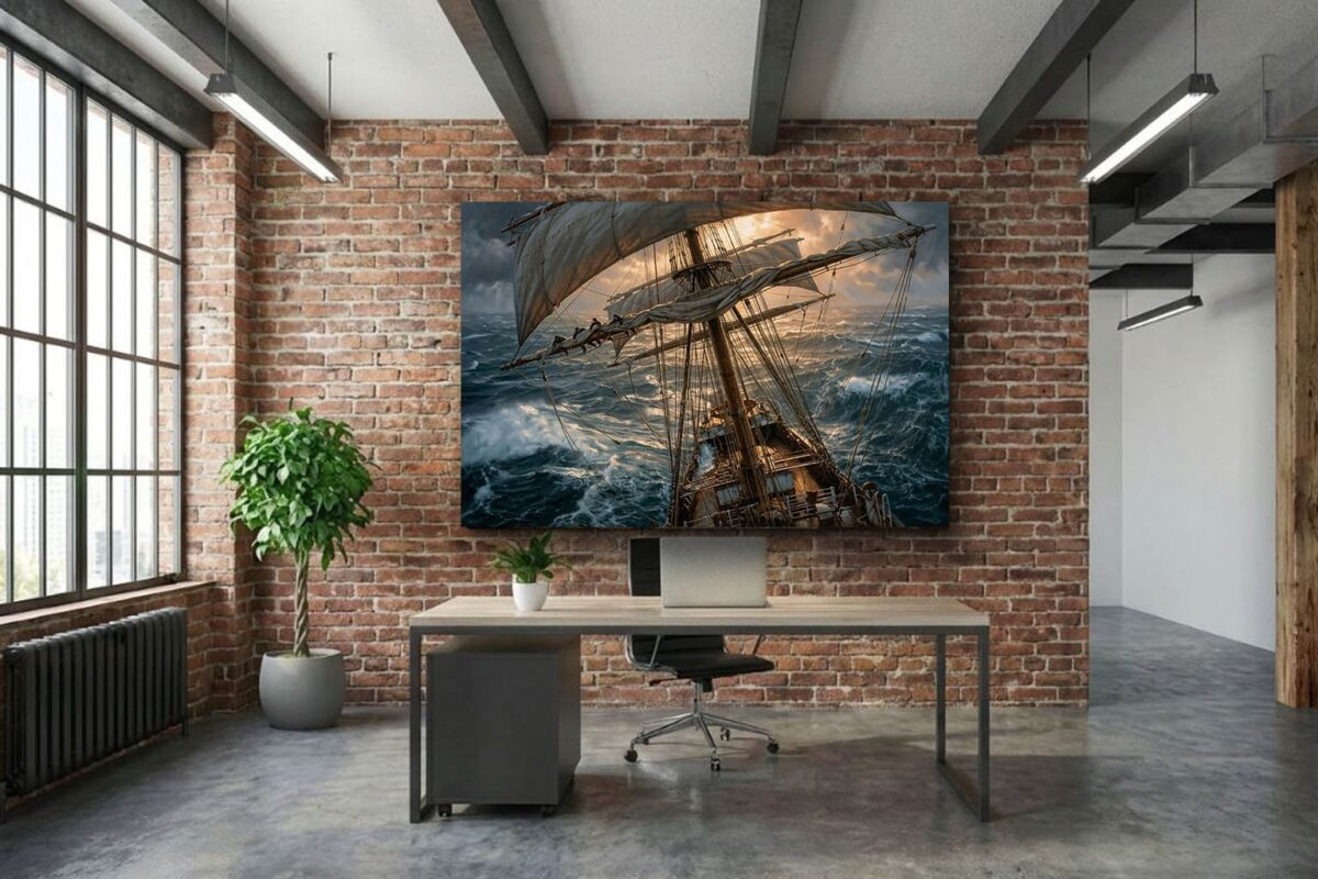 57-1201.jpg Segelschiff im Sturm bei Sonnenuntergang - Bild auf Leinwand