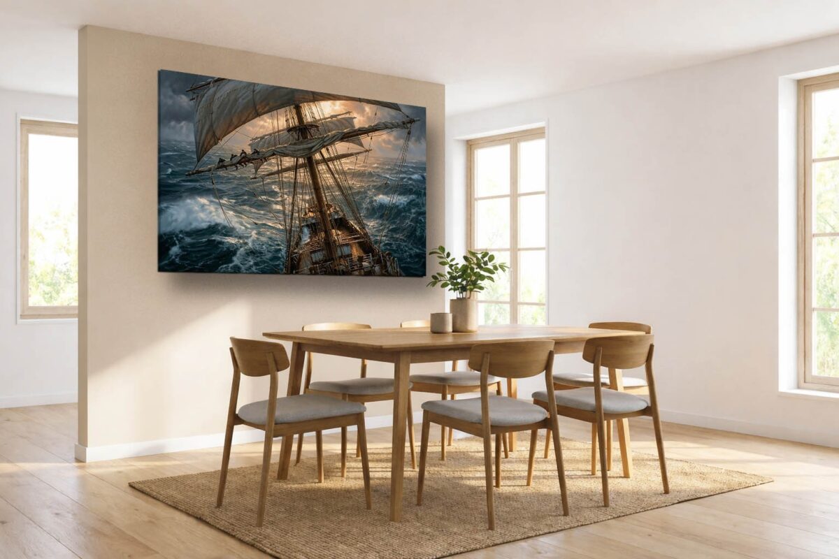 57-1202.jpg Segelschiff im Sturm bei Sonnenuntergang - Bild auf Leinwand