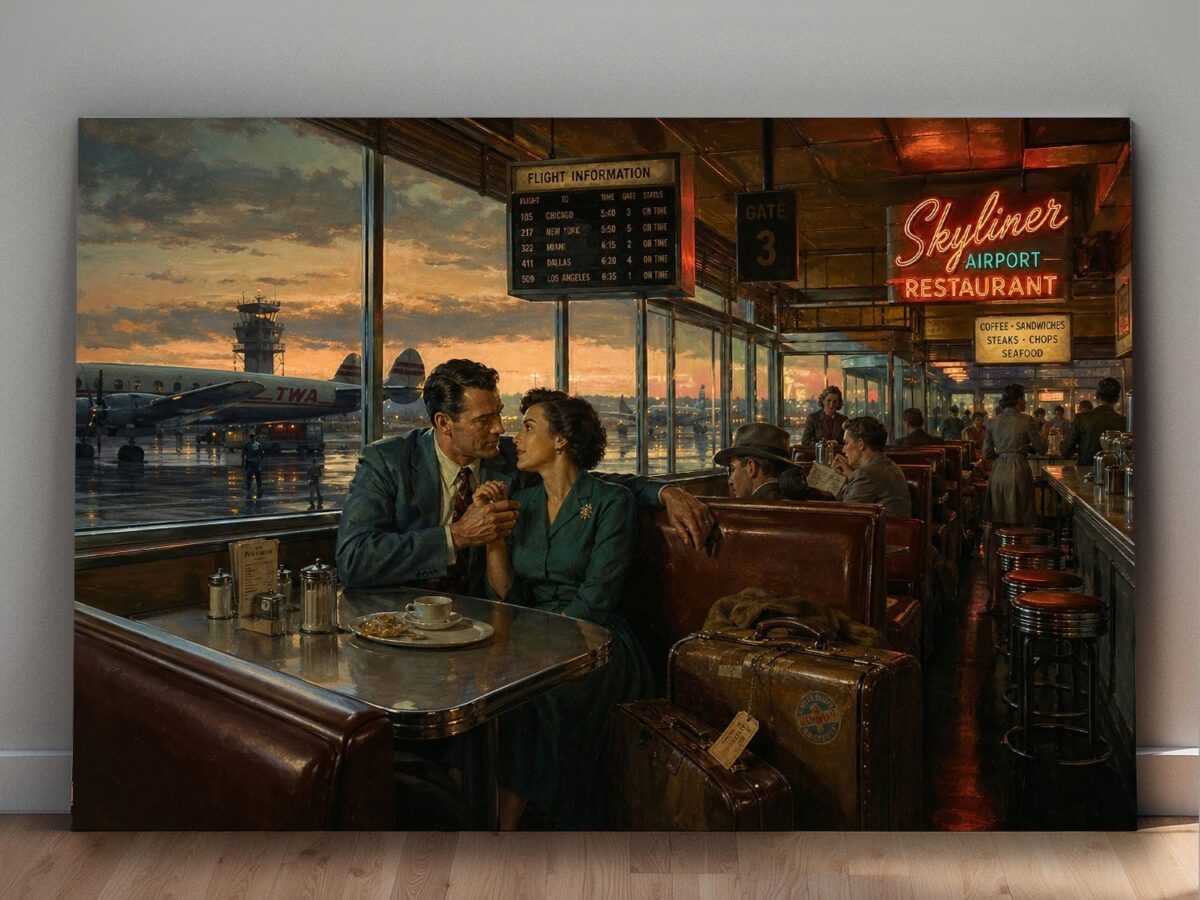57-1203.jpg Vintage Airport Restaurant Leinwandbild mit 50er-Jahre Reiseszene