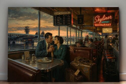 Vintage Airport Restaurant Leinwandbild mit 50er-Jahre Reiseszene