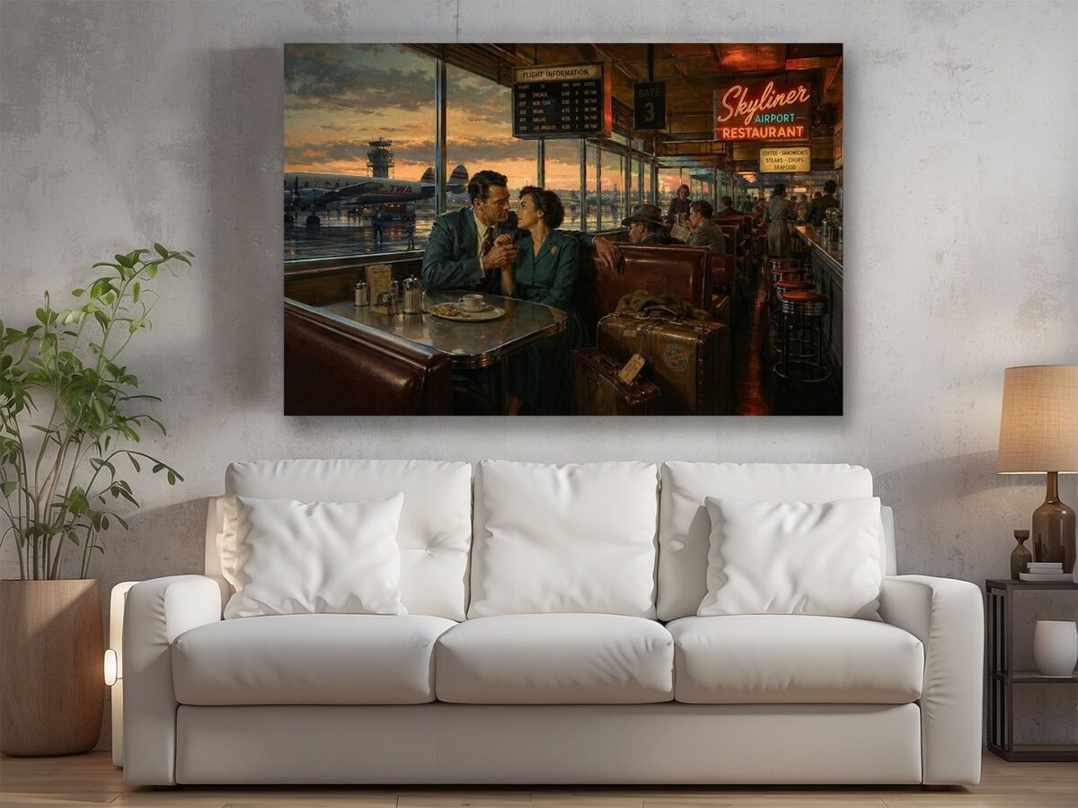 57-1204.jpg Vintage Airport Restaurant Leinwandbild mit 50er-Jahre Reiseszene