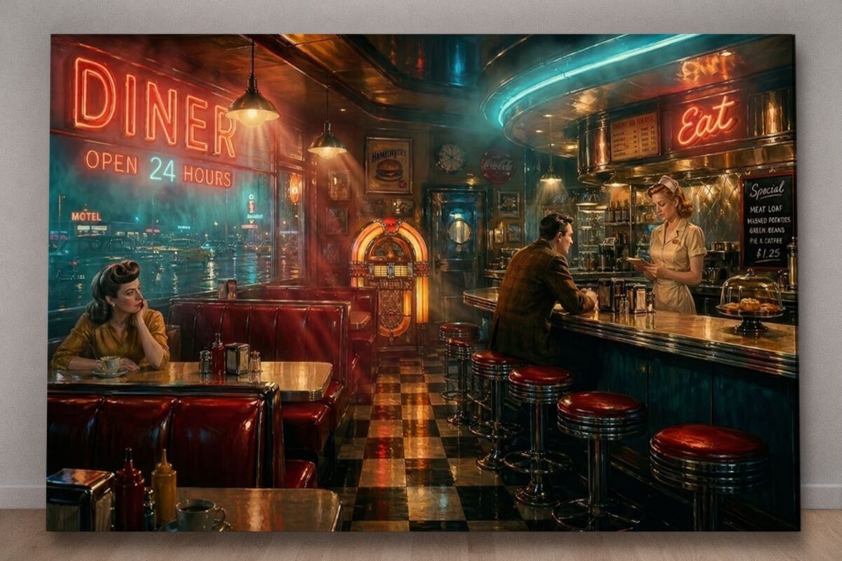 57-1206.jpg American Diner Szene Neonlicht und Jukebox - Bildauf Leinwand