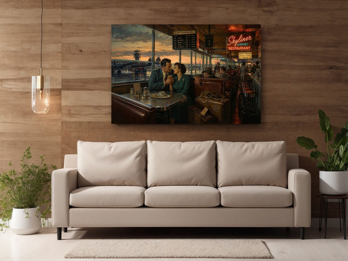 57-1207.jpg Vintage Airport Restaurant Leinwandbild mit 50er-Jahre Reiseszene