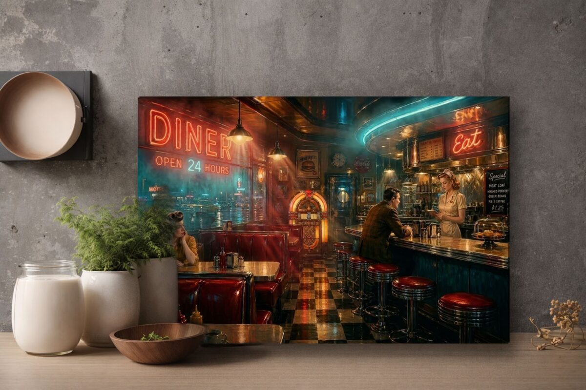 57-1208.jpg American Diner Szene Neonlicht und Jukebox - Bildauf Leinwand