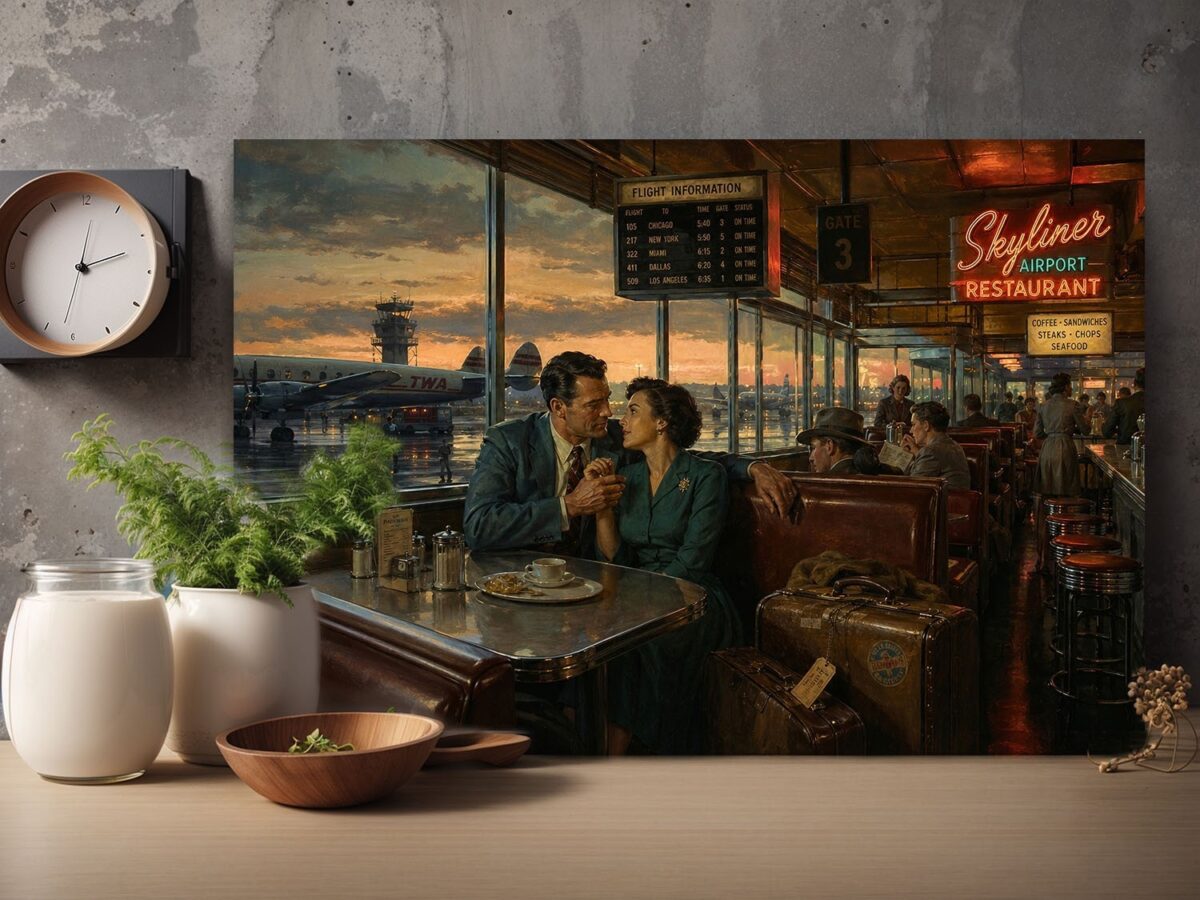 57-1209.jpg Vintage Airport Restaurant Leinwandbild mit 50er-Jahre Reiseszene