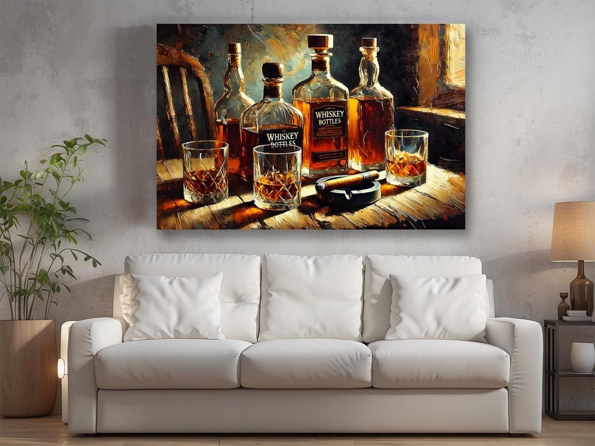 Whiskyflaschen und Gläser mit Zigarrre , Digital Art, KI